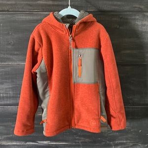 REI Boys Hooded Fleece Jacket. Size 6/7. Orange & Gray.